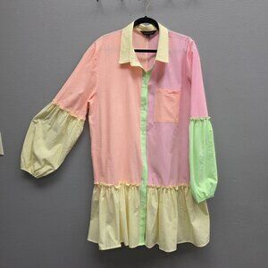 Davi Dani Dress Womens 1XL Pastel Stripe Colorblock Ruffle Hem Button Front